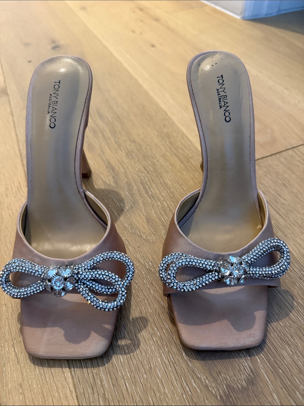 Tony Bianco Cream Crystal Bow Slide Mules